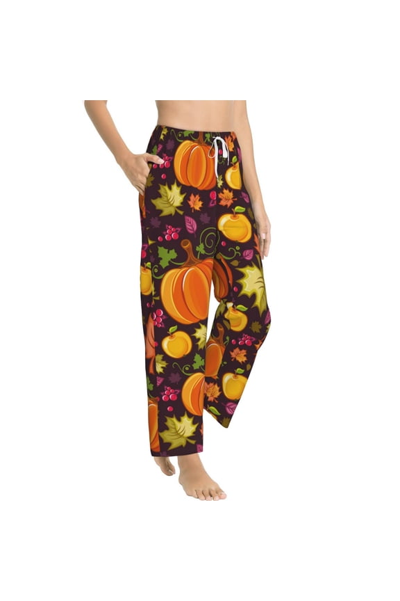Autumn Harvest Pumpkin Joy Womens Soft Woven Cotton Elastic Waistband Sleep Pajama Pant Lounge Sleep Pant With Pockets And Drawstring-Large