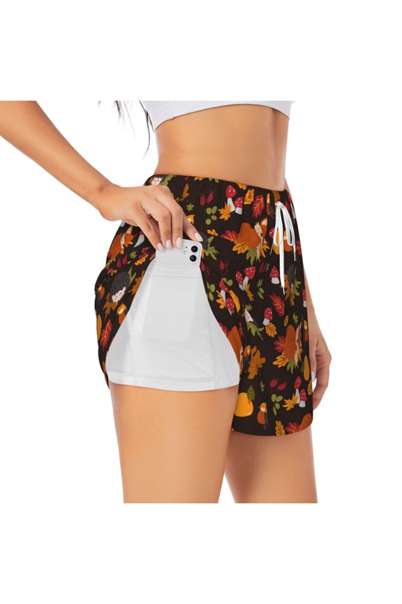 Autumn Hedgehog and Fox Cute Pattern Women's 2 in 1 Athletic Running Shorts High Waisted Workout Casual Gym Sweat Shorts with Comfy Liner Zipper Pockets-Large