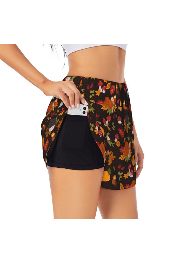 Autumn Hedgehog and Fox Cute Pattern Women's 2 in 1 Athletic Running Shorts High Waisted Workout Casual Gym Sweat Shorts with Comfy Liner Zipper Pockets-XX-Large