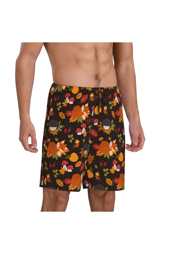 Autumn Hedgehog and Fox Cute Pajama Shorts for Men, Men's Pajama Bottoms, Sleepwear,Short Pajama Pants-X-Large