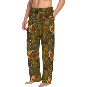 Picia Autumn Leaves Owl Squirrel Mens Soft Woven Cotton Elastic Waistband Sleep Pajama Pant Lounge Sleep Pant With Pockets And Drawstring-Small