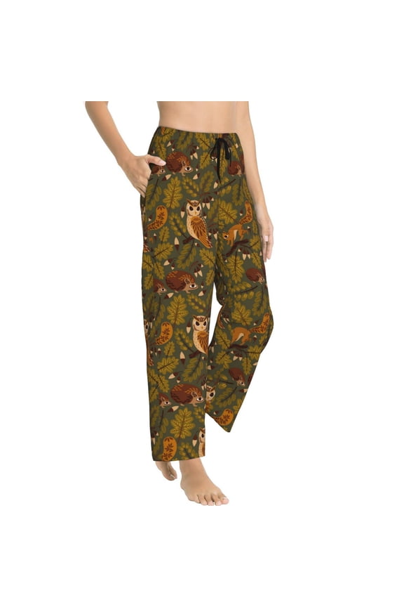 Autumn Leaves Owl Squirrel Womens Soft Woven Cotton Elastic Waistband Sleep Pajama Pant Lounge Sleep Pant With Pockets And Drawstring-Small