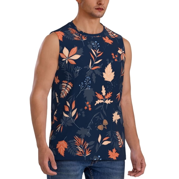 Picia Autumn Leaves With Blue mens Cotton Tank Undershirts , Moisture-wicking Ribbed Tanks, Lightweight Cotton Tank Undershirts-3X-Large