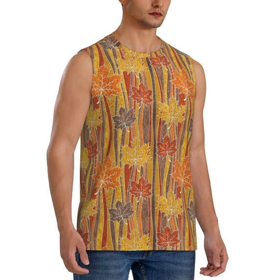 Picia Autumn Maple Leaf Stripes mens Cotton Tank Undershirts , Moisture-wicking Ribbed Tanks, Lightweight Cotton Tank Undershirts-Medium
