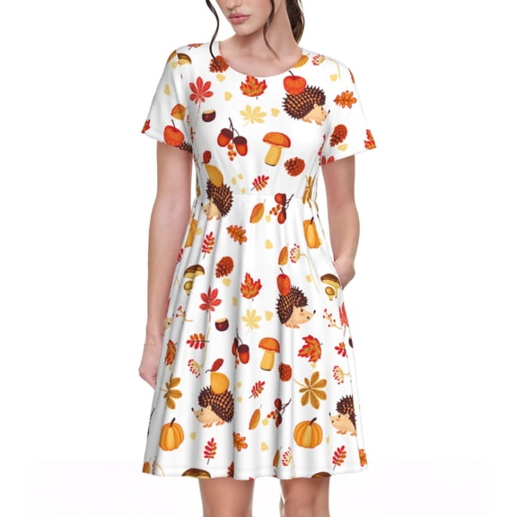 Picia Autumn Maple Leaf with Hedgehog Pattern Women's Short Sleeve Summer Dress Pleated Loose Swing Knee Length Short Sleeve Swing Dresses