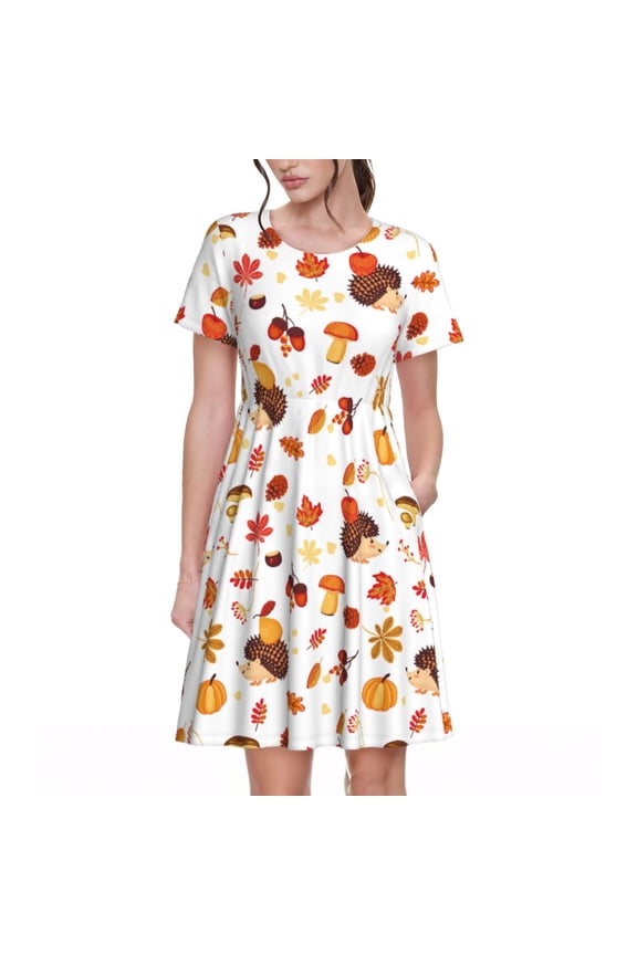 Autumn Maple Leaf with Hedgehog Pattern Women's Short Sleeve Summer Dress Pleated Loose Swing Knee Length Short Sleeve Swing Dresses