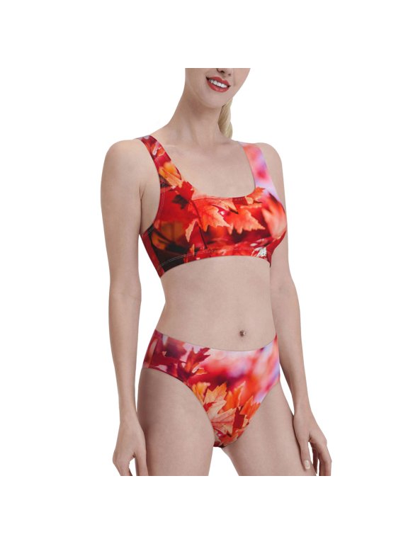 Autumn Maple Leaves Women's High Waisted Bikini Scoop Neck Swimsuit Two Pieces Bathing Suit-Large