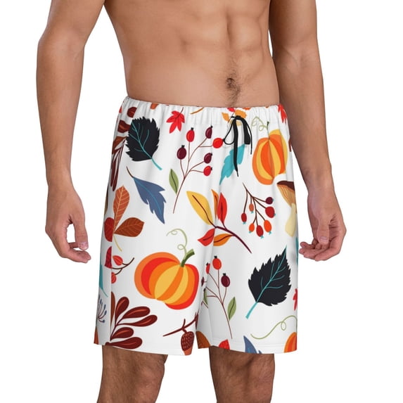 Picia Autumn Pumpkins Fall Leaves Pajama Shorts for Men, Men's Pajama Bottoms, Sleepwear,Short Pajama Pants-Medium