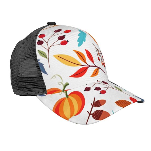 Picia Autumn Pumpkins Fall Leaves Pattern Trucker Hat,Baseball Cap,Sun Protection Cap,Stylish Headwear,Leisure Cap,Outdoor Sports Cap