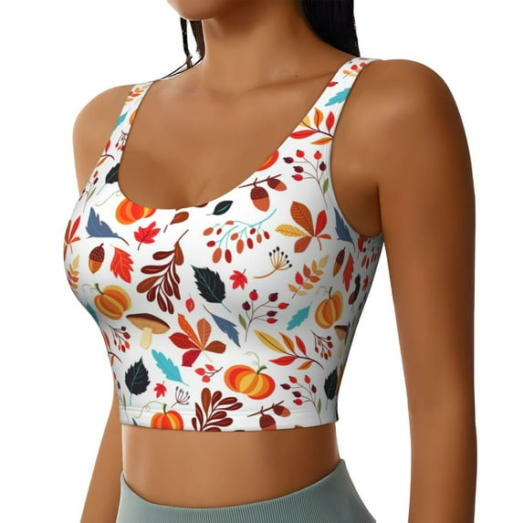 Picia Autumn Pumpkins Fall Leaves Sports Bra for Women,Padded Strappy Sports Bras Medium Support Yoga Bra with Removable Cups,Running Yoga Bra-