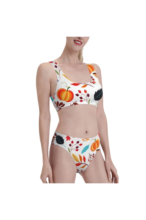 Autumn Pumpkins Fall Leaves Women's High Waisted Bikini Scoop Neck Swimsuit Two Pieces Bathing Suit-Small