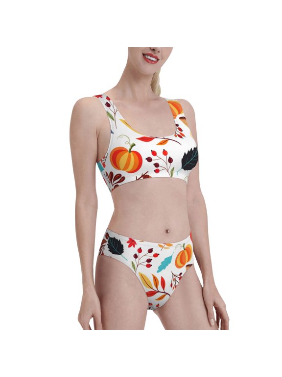 Autumn Pumpkins Fall Leaves Women's High Waisted Bikini Scoop Neck Swimsuit Two Pieces Bathing Suit-XX-Large