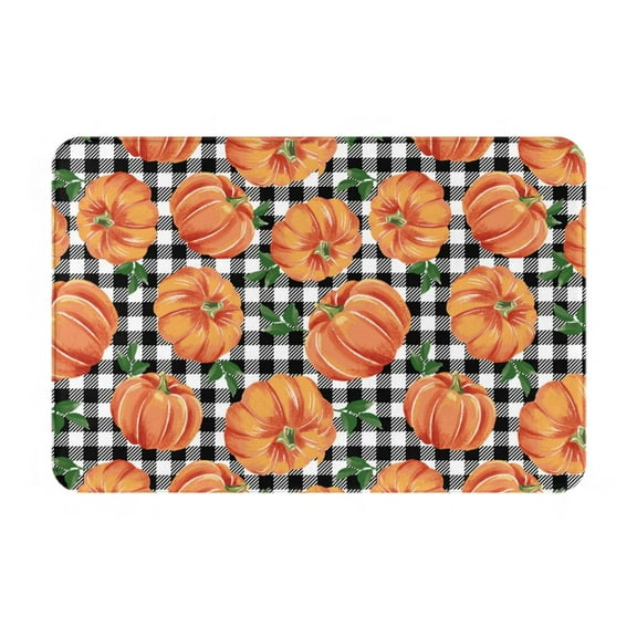 Picia Autumn Pumpkins Gingham Pattern Flannel Doormat 16x24 Inch Non-Slip Indoor Mat, Absorbent & Quick-Dry Rug for Entryway, Bathroom, Kitchen, and Bedroom, Machine Washable