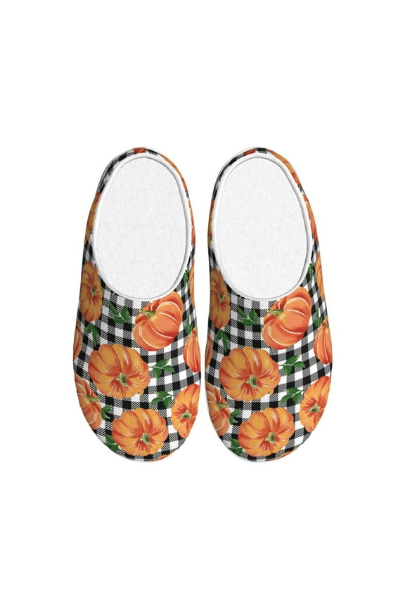 Autumn Pumpkins Gingham for Women's Lamb-hug Comfy Fleece House Slippers Memory Foam, Slip-on House Shoes Indoor Outdoor-44/45