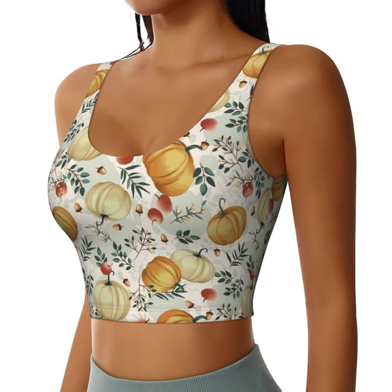 Picia Autumn Pumpkins Leaves Sports Bra for Women,Padded Strappy Sports Bras Medium Support Yoga Bra with Removable Cups,Running Yoga Bra-