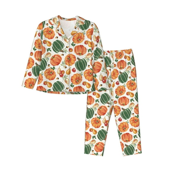 Picia Autumn Pumpkins Pattern Women’s Long-Sleeve Sleepwear Set - Soft 2-Piece Loungewear with Pockets, Comfy PJs for Relaxing Nights-Small