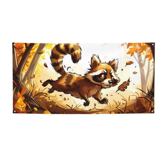 Picia Autumn Raccoon In Forest Pattern Party Banner, Festive Decoration, Holiday Banner, Celebration Decor, Event Banner, Reusable Party Banner-Small