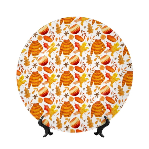 Picia Autumn Sweater Warmth Pattern Bone China Decorative Plate – Wall Decor with Stand and Adhesive, Elegant Ornament for Living Room, Office, or Entryway-6in