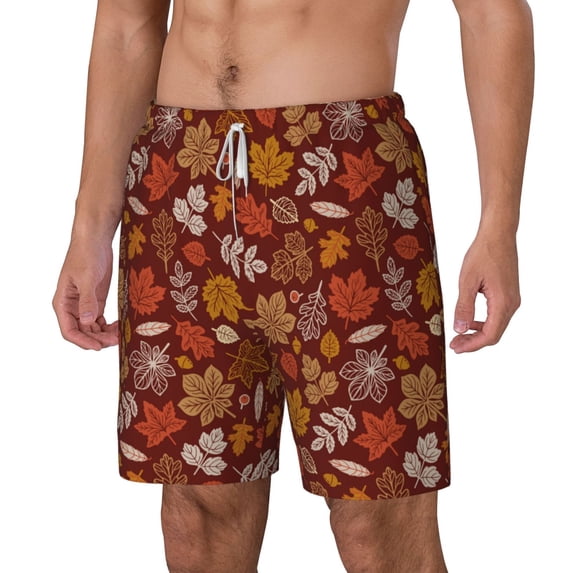 Picia Autumn Warm Tone Maple Leaf pattern Mens Swim Trunks with Compression Liner Stretch Beach Shorts Quick Dry with Zipper Pockets No-Chafing Board Shorts-Medium
