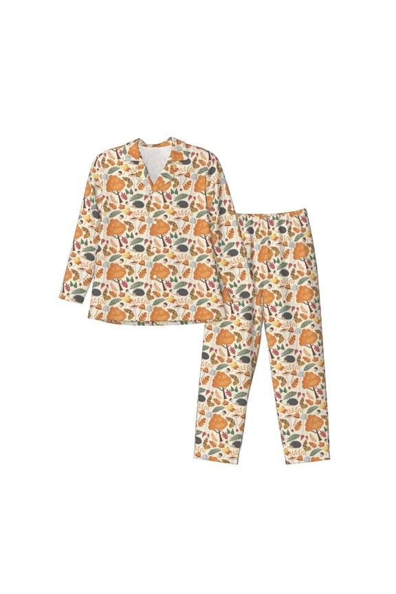 Autumn With Hedgehog Pattern Men’s Long-Sleeve Sleepwear Set - Soft 2-Piece Loungewear with Pockets, Comfy PJs for Relaxing Nights-Medium