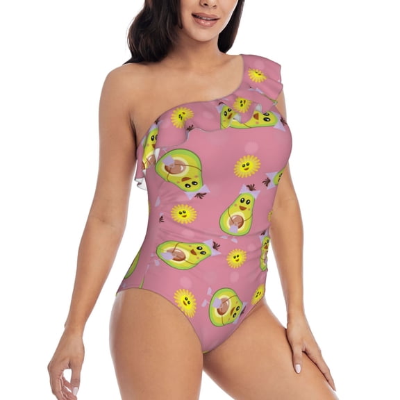 Picia Avocado And Sun Pattern Women's One Piece Swimsuits,One Shoulder Swimwear Asymmetric ,Ruffle Monokinis Bathing Suits,High Waisted Flattering Bathing Suits-Large