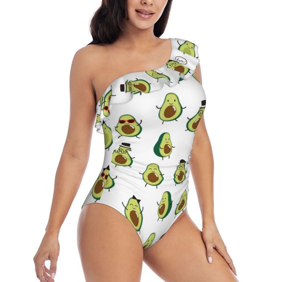 Picia Avocado Friends Pattern Women's One Piece Swimsuits,One Shoulder Swimwear Asymmetric ,Ruffle Monokinis Bathing Suits,High Waisted Flattering Bathing Suits-X-Large