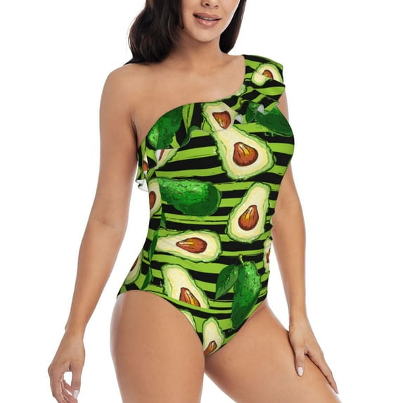 Picia Avocado Green Striped Pattern Women's One Piece Swimsuits,One Shoulder Swimwear Asymmetric ,Ruffle Monokinis Bathing Suits,High Waisted Flattering Bathing Suits-