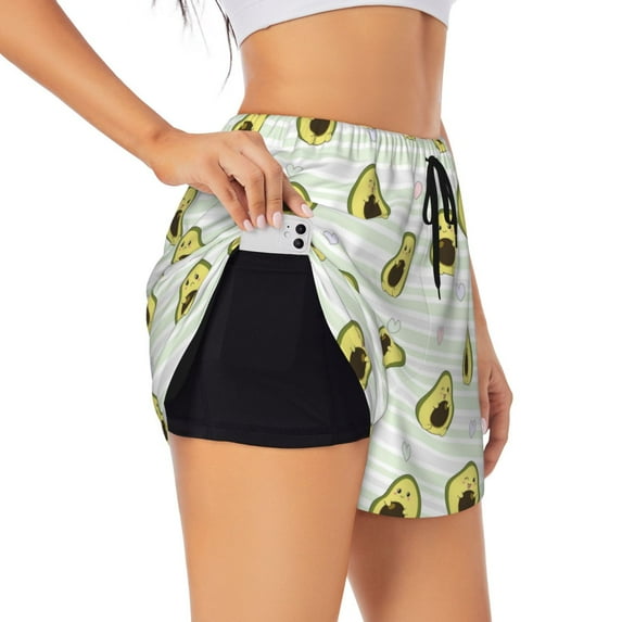 Picia Avocado of a Hear Pattern Women's 2 in 1 Athletic Running Shorts High Waisted Workout Casual Gym Sweat Shorts with Comfy Liner Zipper Pockets-Medium