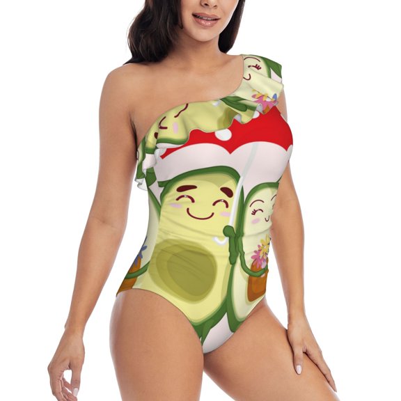 Picia Avocado Lovers Wearing Umbrella Pattern Women's One Piece Swimsuits,One Shoulder Swimwear Asymmetric ,Ruffle Monokinis Bathing Suits,High Waisted Flattering Bathing Suits-X-Large