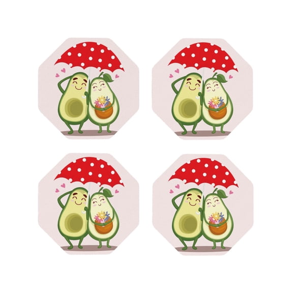 Picia Avocado Lovers Wearing Umbrella Printed Leather Coasters for Drinks, 4" Drink Coasters Set of 4 for Tabletop Protection, Handmade Luxurious Home Décor and Housewarming Gift -Octagon