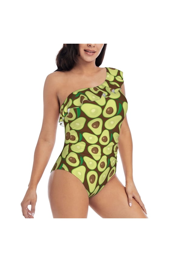 Avocado Pattern Women's One Piece Swimsuits,One Shoulder Swimwear Asymmetric ,Ruffle Monokinis Bathing Suits,High Waisted Flattering Bathing Suits-Medium