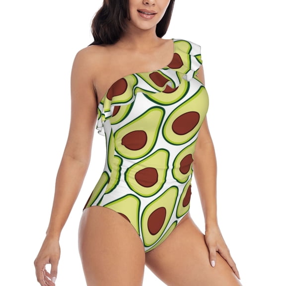 Picia Avocado Pattern Women's One Piece Swimsuits,One Shoulder Swimwear Asymmetric ,Ruffle Monokinis Bathing Suits,High Waisted Flattering Bathing Suits-Small