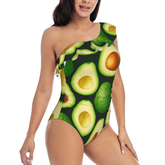 Picia Avocado Pattern Women's One Piece Swimsuits,One Shoulder Swimwear Asymmetric ,Ruffle Monokinis Bathing Suits,High Waisted Flattering Bathing Suits-X-Large
