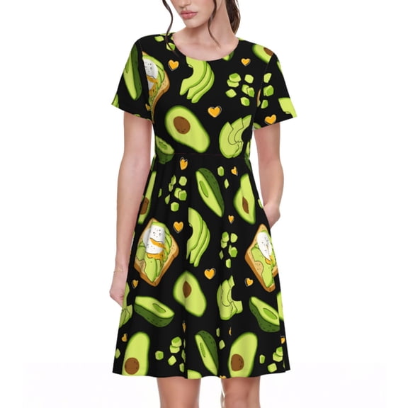 Picia Avocado Toast Pattern Women's Short Sleeve Summer Dress Pleated Loose Swing Knee Length Short Sleeve Swing Dresses