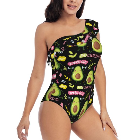 Picia Avocado Work Out Pattern Women's One Piece Swimsuits,One Shoulder Swimwear Asymmetric ,Ruffle Monokinis Bathing Suits,High Waisted Flattering Bathing Suits-