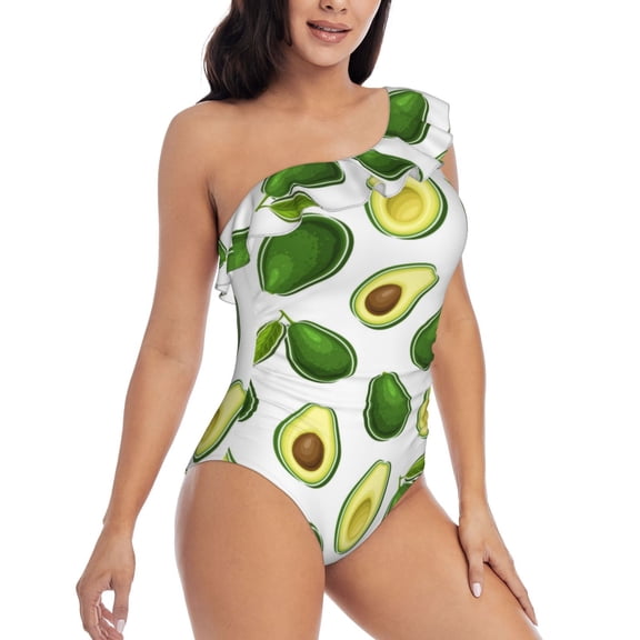 Picia Avocado1 Pattern Women's One Piece Swimsuits,One Shoulder Swimwear Asymmetric ,Ruffle Monokinis Bathing Suits,High Waisted Flattering Bathing Suits-XX-Large