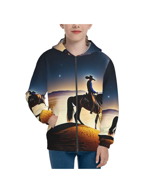 Azure Sky Western Desert Cowboy for Boys Fashion Full-zip Hoodies & Sweatshirts with Kangaroo Pocket,Zip-up Hooded Sweatshirt for Kid, Moisture Wicking & Breathable-Medium