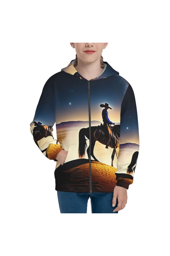 Azure Sky Western Desert Cowboy for Boys Fashion Full-zip Hoodies & Sweatshirts with Kangaroo Pocket,Zip-up Hooded Sweatshirt for Kid, Moisture Wicking & Breathable-Medium