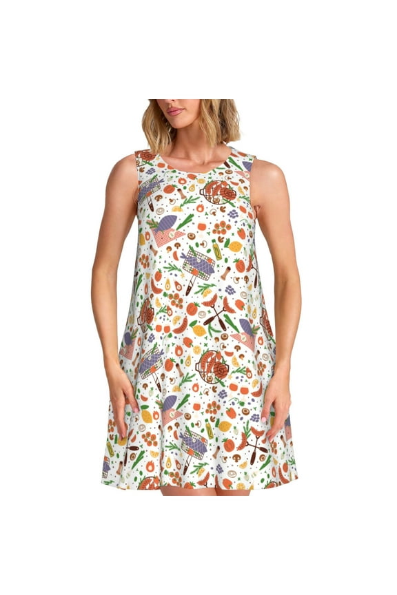 BBQ Party1 Print Women’s Sleeveless Midi Swing Dress – A-Line Pleated Tank Sundress, Comfortable and Flowy T-Shirt Dress