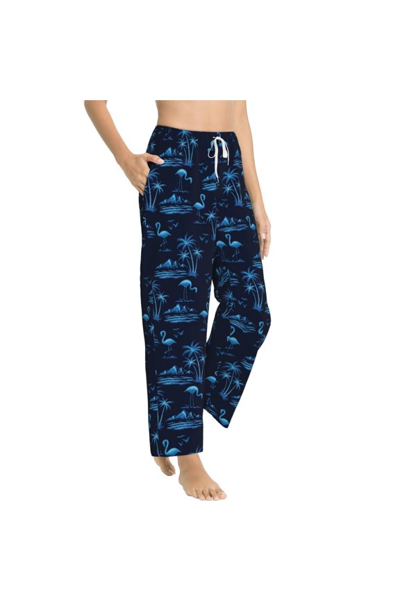 BLUE Flamingo Birds Womens Soft Woven Cotton Elastic Waistband Sleep Pajama Pant Lounge Sleep Pant With Pockets And Drawstring-Large