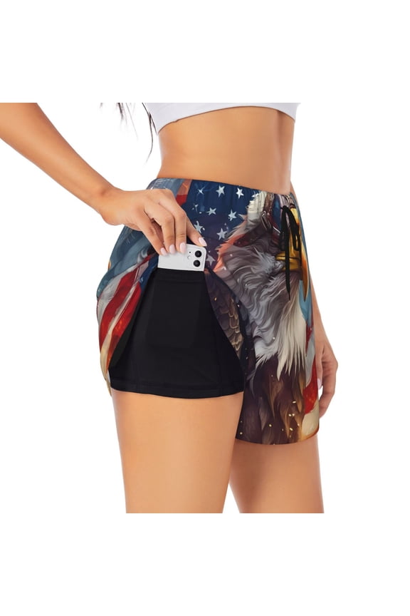 Bald Eagle Pilot Pattern Women's 2 in 1 Athletic Running Shorts High Waisted Workout Casual Gym Sweat Shorts with Comfy Liner Zipper Pockets-XX-Large