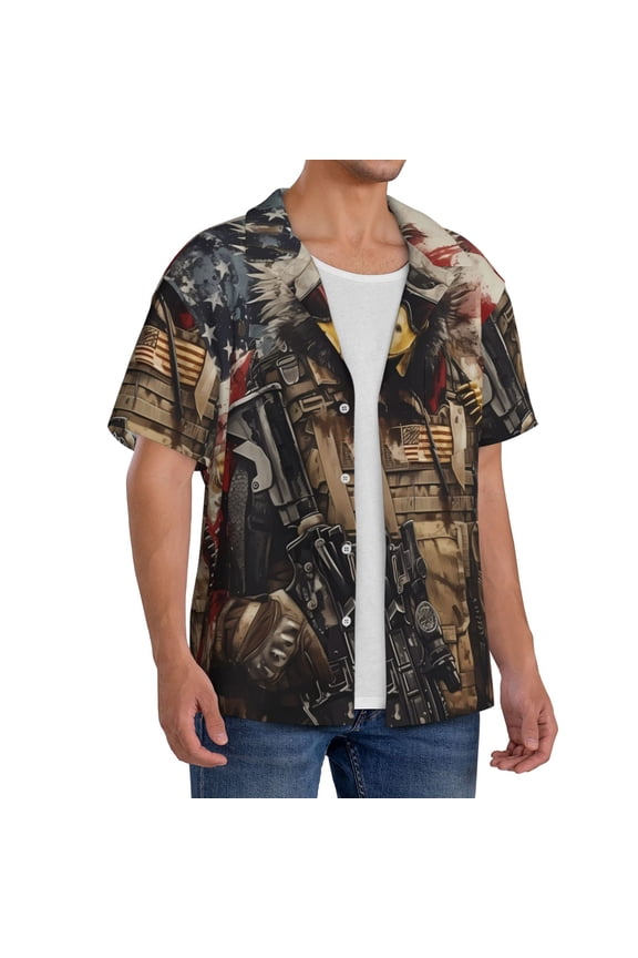 Bald Eagle Soldier Men's Linen Shirts Short Sleeve Cuban Beach Shirts Casual Shirts Button Down Shirt for Men Beach Summer Wedding Shirt-Small