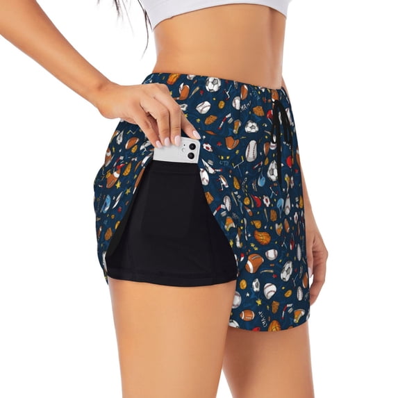 Picia Ball Sports Pattern Women's 2 in 1 Athletic Running Shorts High Waisted Workout Casual Gym Sweat Shorts with Comfy Liner Zipper Pockets-X-Large