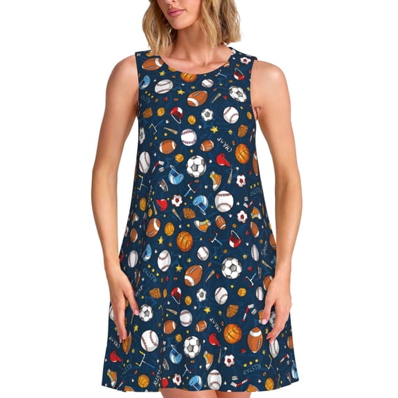 Picia Ball Sports Print Women’s Sleeveless Midi Swing Dress – A-Line Pleated Tank Sundress, Comfortable and Flowy T-Shirt Dress