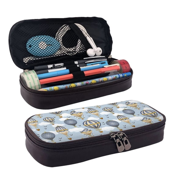 Picia Balloon Vintage Pattern Large Capacity PU Leather Pencil Case Organizer Pen Marker Holder Double Zipper Storage Bag Big Pencil Pouch for College Office