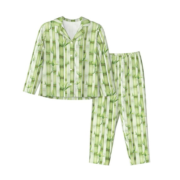 Picia Bamboo Stems And Leaves Pattern Women’s Long-Sleeve Sleepwear Set - Soft 2-Piece Loungewear with Pockets, Comfy PJs for Relaxing Nights-Medium