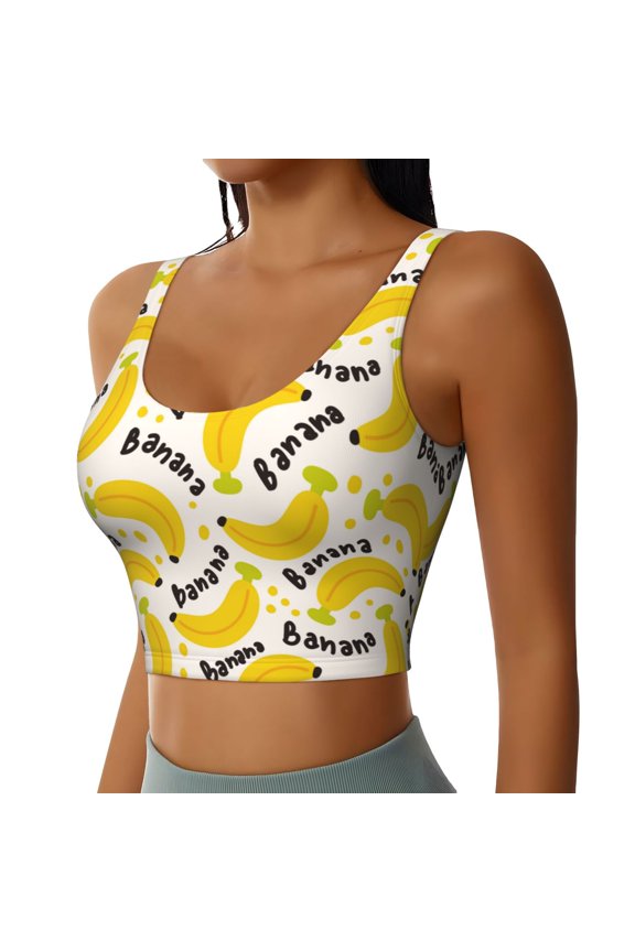 Banana Fruit Sports Bra for Women,Padded Strappy Sports Bras Medium Support Yoga Bra with Removable Cups,Running Yoga Bra-Medium