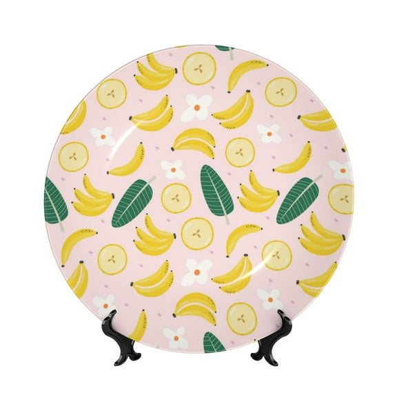 Picia Banana With Leaves Pattern Bone China Decorative Plate – Wall Decor with Stand and Adhesive, Elegant Ornament for Living Room, Office, or Entryway-6in