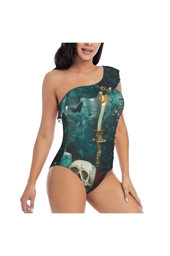 Baroque Floral Still Life Pattern Women's One Piece Swimsuits,One Shoulder Swimwear Asymmetric ,Ruffle Monokinis Bathing Suits,High Waisted Flattering Bathing Suits-Large