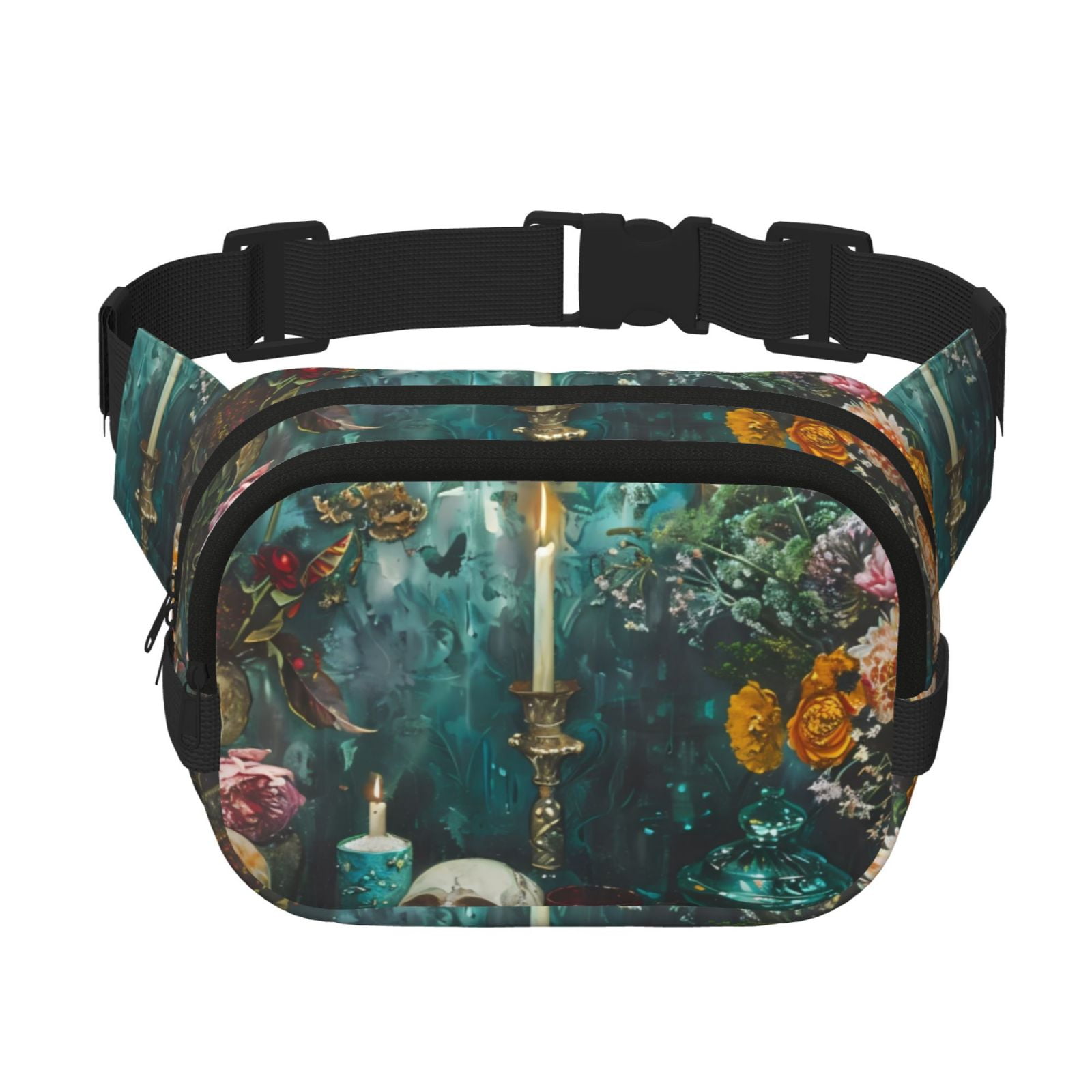 Picia Baroque Floral Still Life Print Square Double-Layer Waist Bag Mini Adjustable Waist Belt Bag Exercise Running Travel Hiking